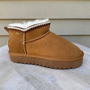 Mexx Womens Size 39 Suede Shearling Boot Chestnut Brown Fur Lined Ankle Platform